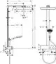 Hansgrohe Duschsystem mit regenduschähnlichem Kopf und Handbrause, Wandbefestigung und Thermostatarmatur. Technische Zeichnung mit Maßen und Details.